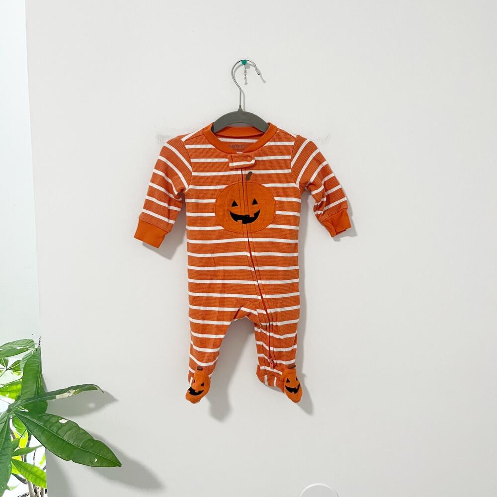 Carter's Pumpkin Halloween Waffle Knit Pajama Onesie Size 3 Months